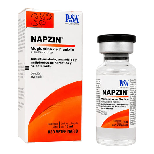 Frasco de Napzin 10ml, antiinflamatorio y analgésico inyectable para bovinos, caballos, cerdos y perros