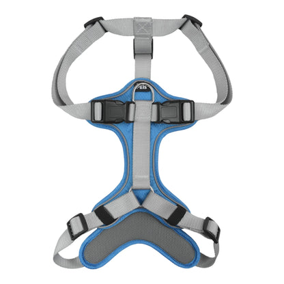 Vista frontal del arnés ergonómico para perro en color azul, destacando el diseño que distribuye la presión sobre el pecho.