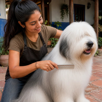 Mujer sacando detallando el pelaje a un  perro bobtail limpio, dejando el pelo sedoso y brillante con un peine dúo, usando lado de dientes juntos