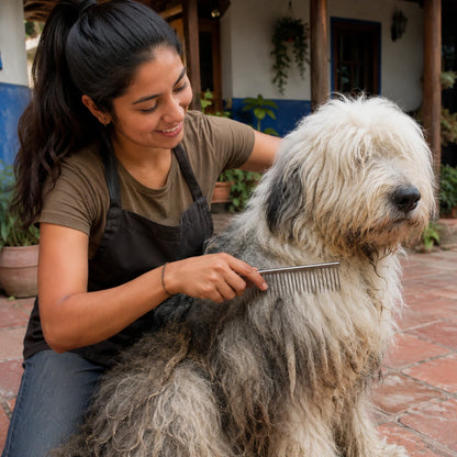 Mujer usando un peine duo petunius para desenredar el pelo  sucio y enredado de un perro bobtail  con  el lado de dientes separados 
