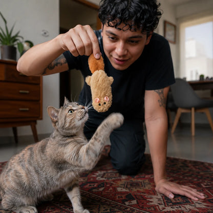 Persona jugando con un gato usando un peluche de ardilla con catnip en una casa de clase media mexicana.