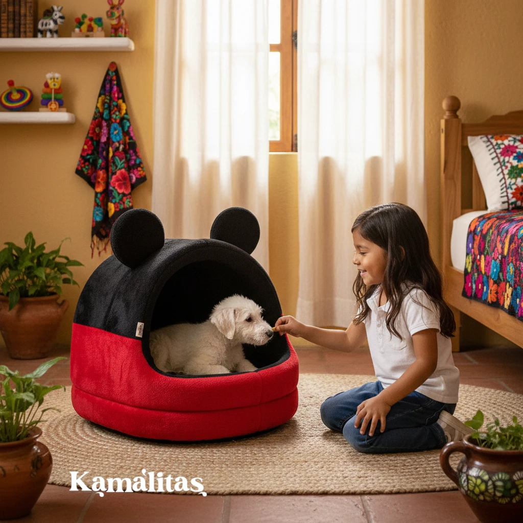 Niña sentada junto a un cachorro blanco dentro del refugio tipo iglú rojo y negro, en una habitación.