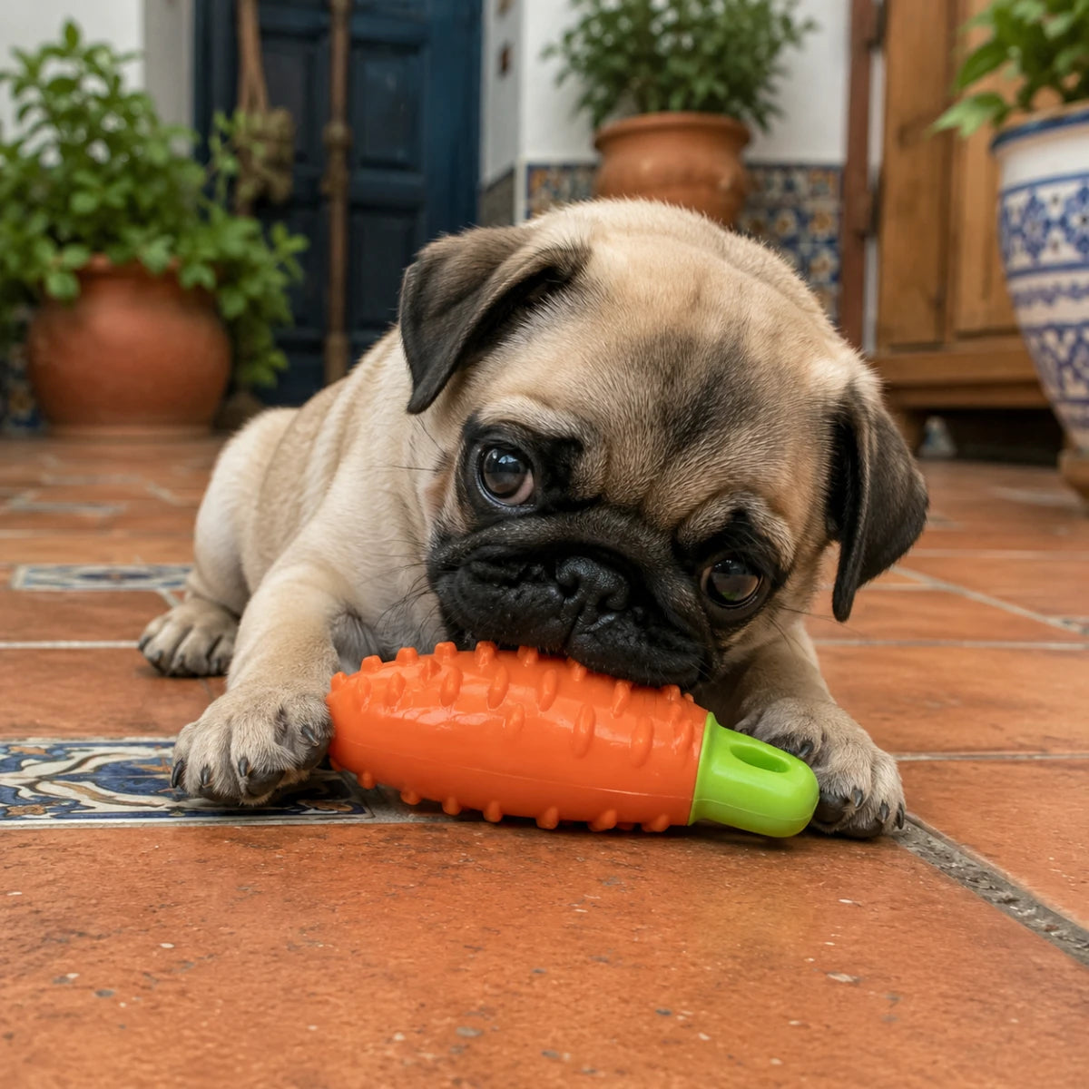 perrito pug mordisqueando juguete con aroma a panque de zanahoria mientras limpia sus dientes
