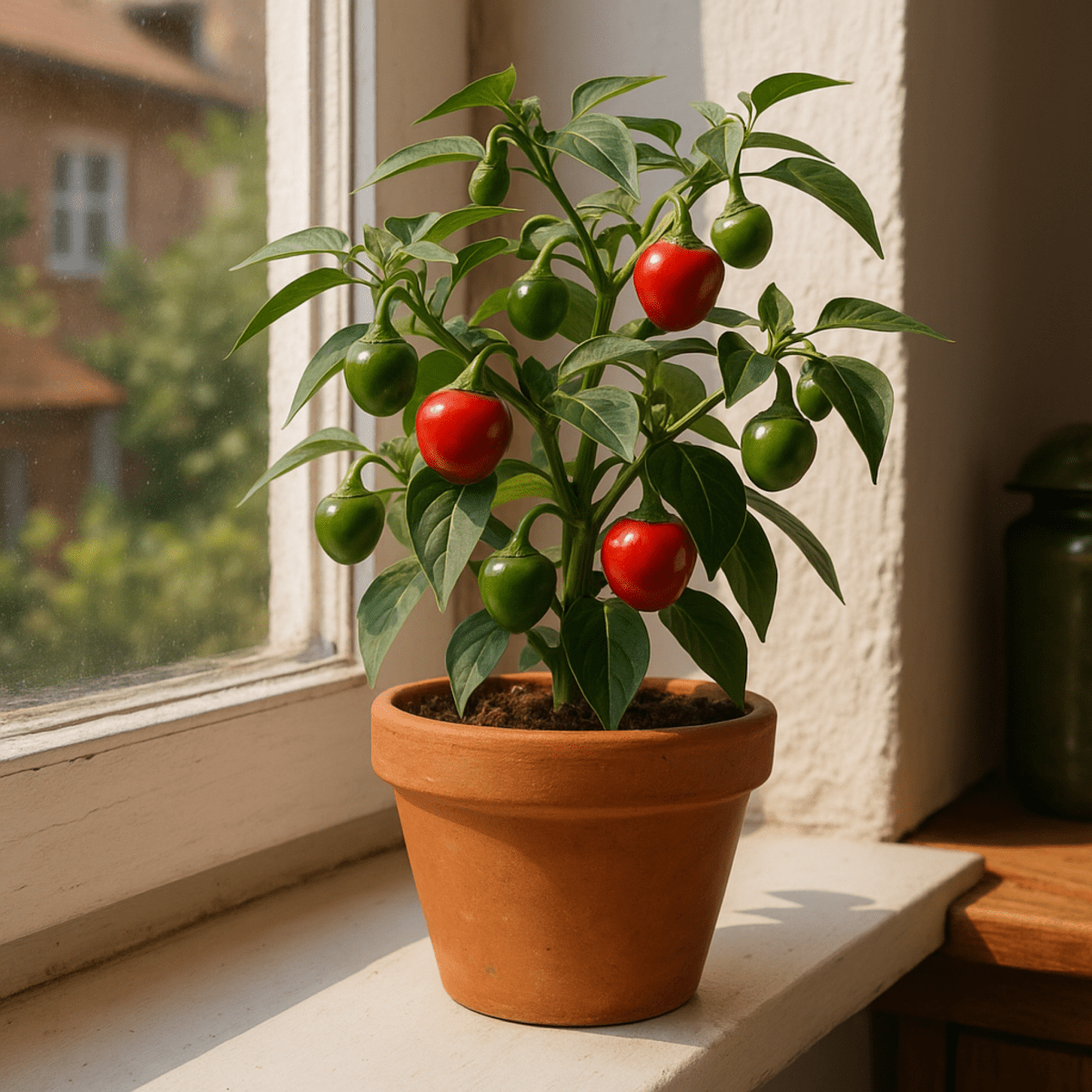 Planta de chile bola o cascabel creciendo en una maceta junto a la ventana de una casa, con frutos redondos listos para cosechar