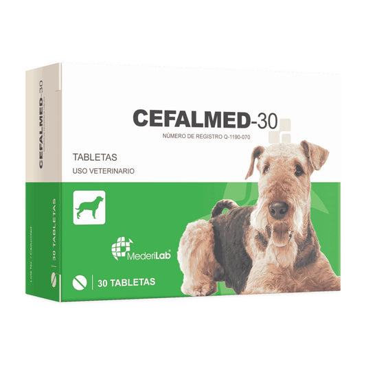 Caja de CEFALED-30 con tabletas de Cefalexina de 750mg, antibiótico veterinario para tratar infecciones en piel y tejidos blandos en perros grandes.