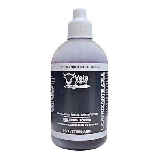 Cicatrizante azul solución fungicida y astringente de laboratorios vetspharma en presentación de 100ml