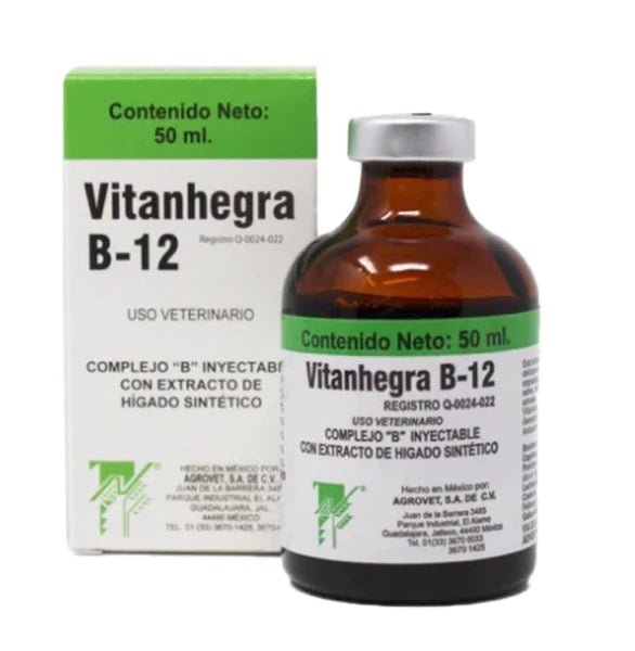 Vista del producto Vitanhegra B-12 en su presentación comercial, suplemento vitaminico inyectable para varias especies