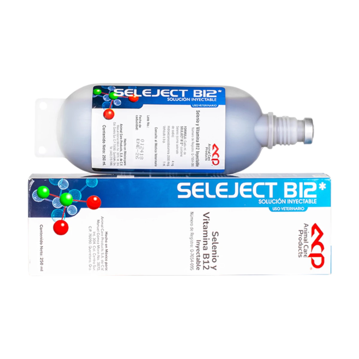Presentación de SELEJECT B-12 en frasco y caja, suplemento inyectable de Selenio y Vitamina B12 para el tratamiento de deficiencias en bovinos y ovinos.