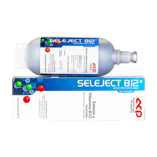 Presentación de SELEJECT B-12 en frasco y caja, suplemento inyectable de Selenio y Vitamina B12 para el tratamiento de deficiencias en bovinos y ovinos.