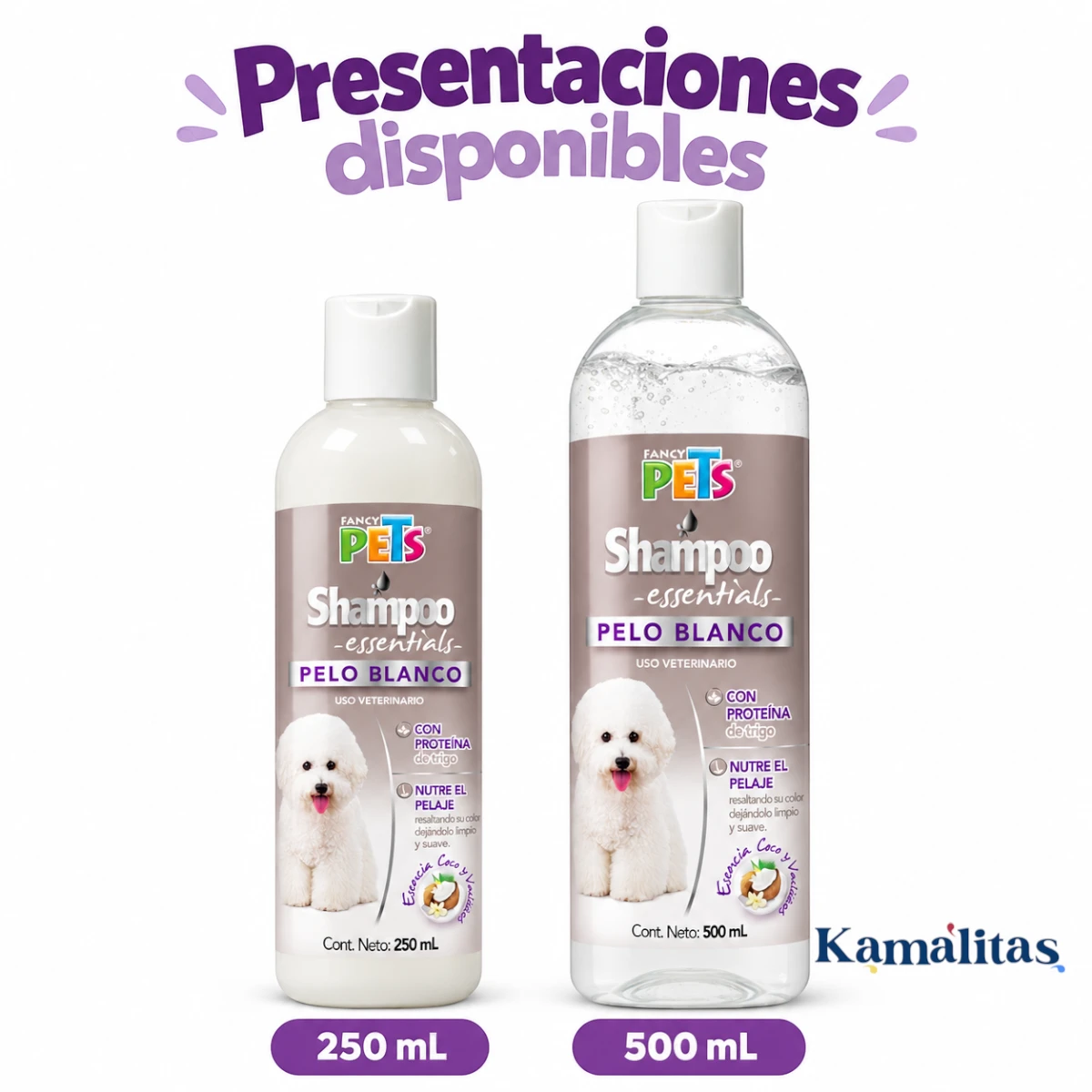 Presentaciones de Shampoo Fancy Pets Essentials Pelo Blanco de 250 mL y 500 mL mostradas juntas sobre fondo blanco.