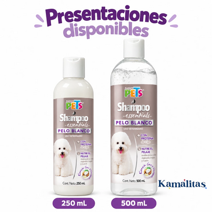 Presentaciones de Shampoo Fancy Pets Essentials Pelo Blanco de 250 mL y 500 mL mostradas juntas sobre fondo blanco.
