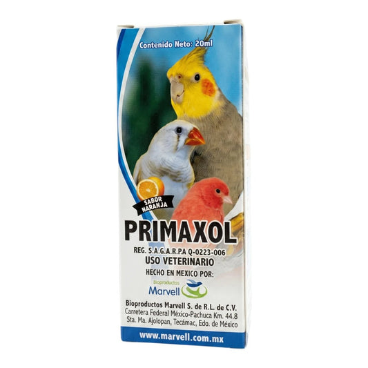 Envase original de Primaxol Marvell 20ml para el tratamiento de infecciones respiratorias y digestivas en aves de ornato y canoras.