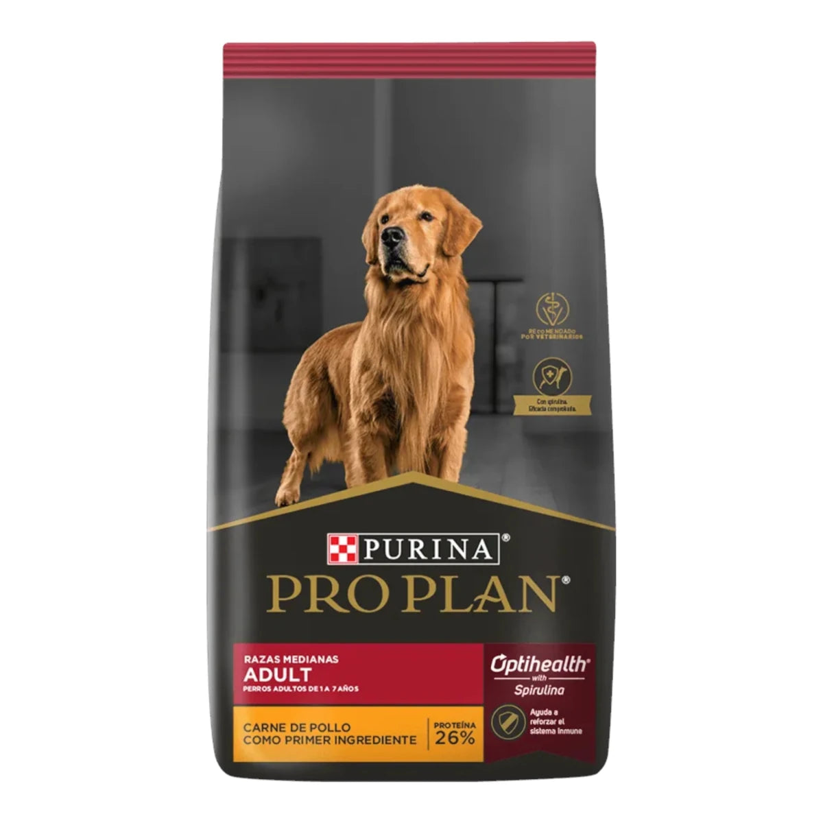 Saco de alimento Pro Plan Adulto Razas Medianas sabor pollo con tecnología OptiHealth para perros de 1 a 7 años.