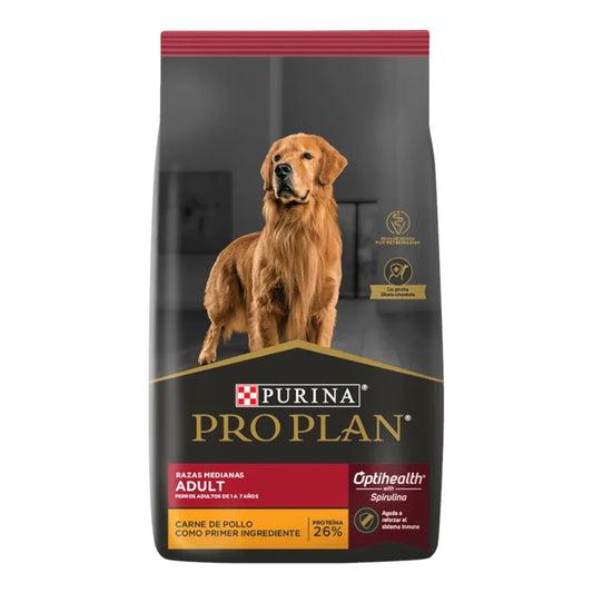 Saco de alimento Pro Plan Adulto Razas Medianas sabor pollo con tecnología OptiHealth para perros de 1 a 7 años.