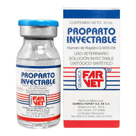 Imagen del medicamento Proparto Inyectable en presentación de 10ml, usado para facilitar el parto y tratar mastitis en animales como vacas, yeguas y perras.