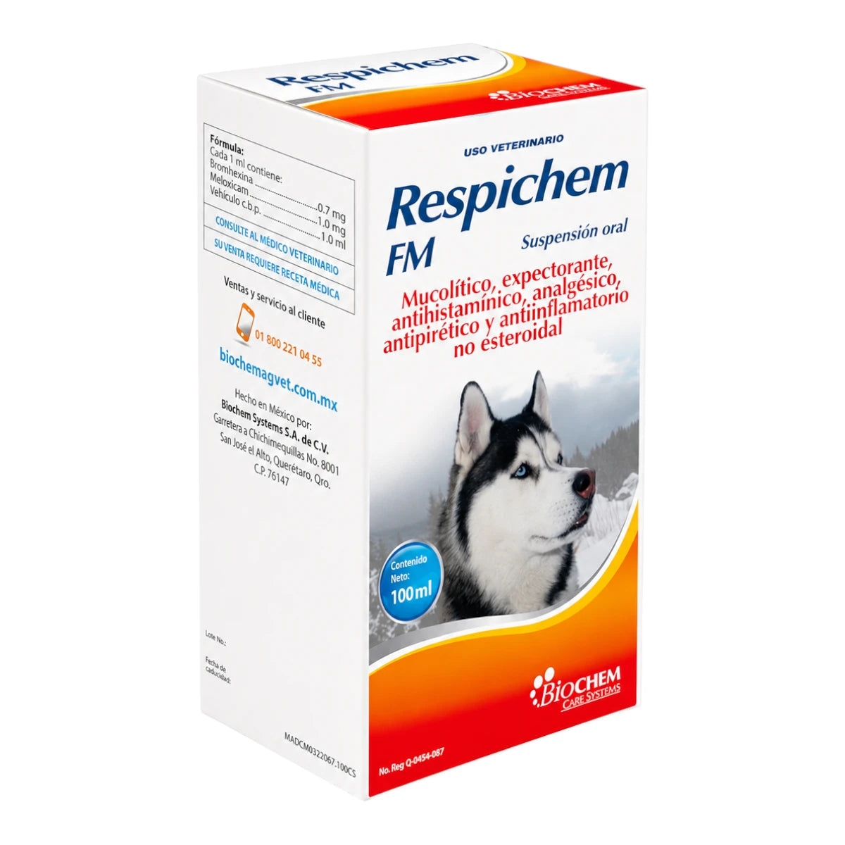 Caja de Respichem FM de Laboratorio Biochem de 100 mL, suspensión oral mucolítica, expectorante y antiinflamatoria no esteroidal para perros.