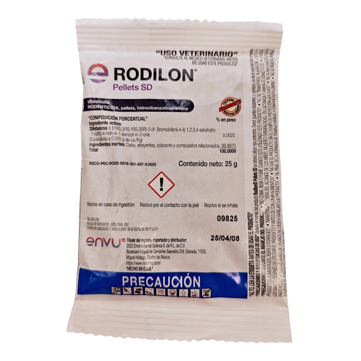 Sobre de Rodilon Pellets de 25 g, raticida en pellets listos para usar para control de ratas y ratones.