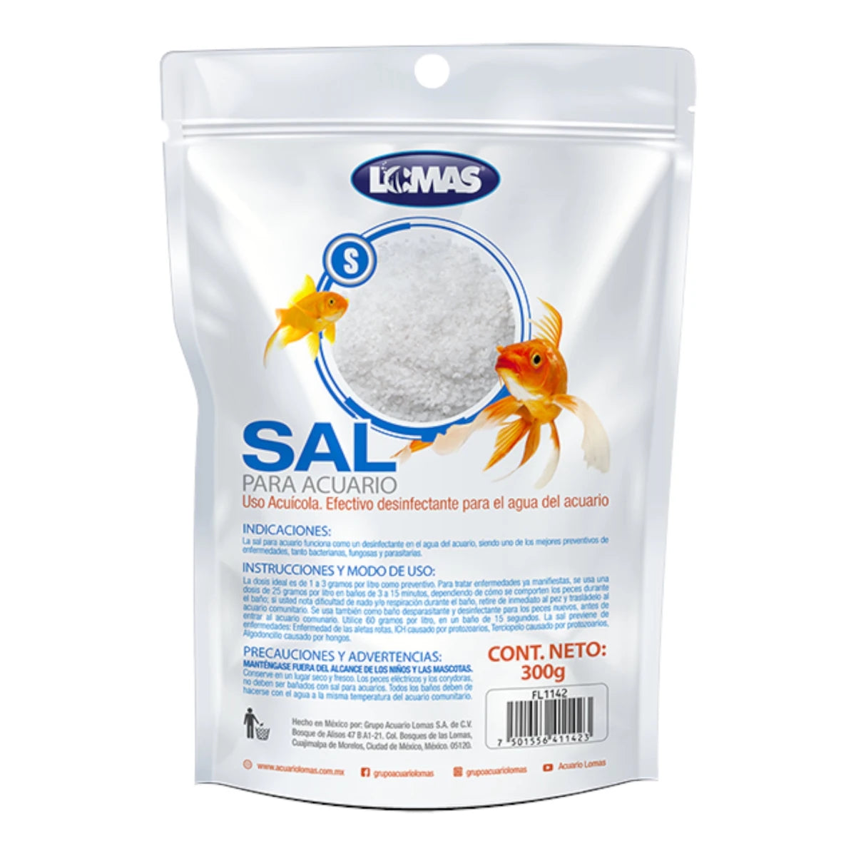 Empaque de sal para acuario de agua dulce marca Lomas de 300 gramos con peces dorados, ideal para desinfectar el agua y prevenir enfermedades en peces.