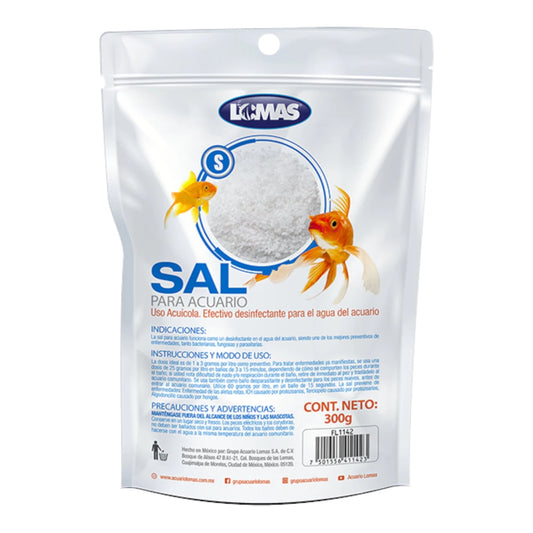 Empaque de sal para acuario de agua dulce marca Lomas de 300 gramos con peces dorados, ideal para desinfectar el agua y prevenir enfermedades en peces.