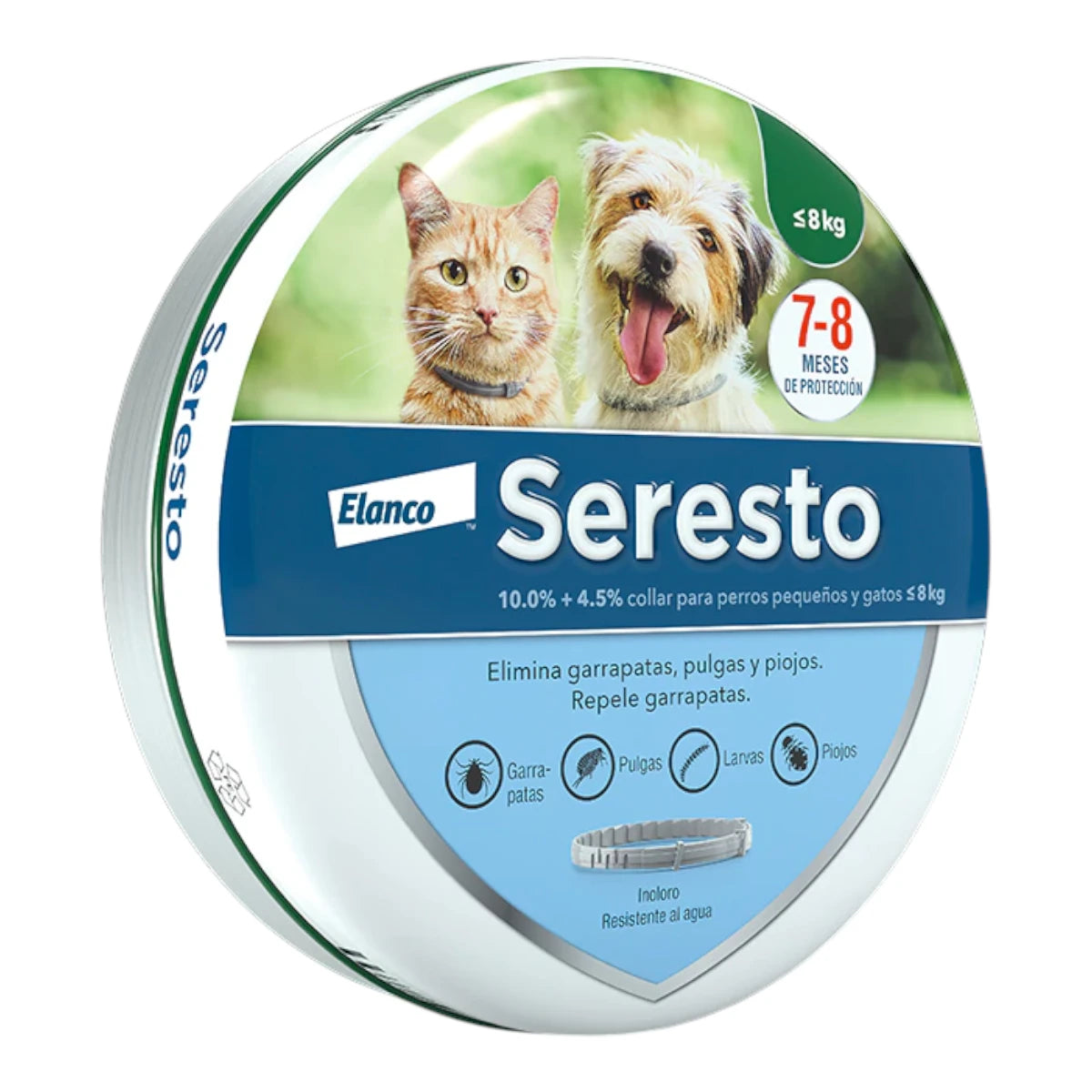 Envase original de collar Seresto de Elanco para el tratamiento preventivo por contacto de pulgas y garrapatas en perros pequeños y gatos.