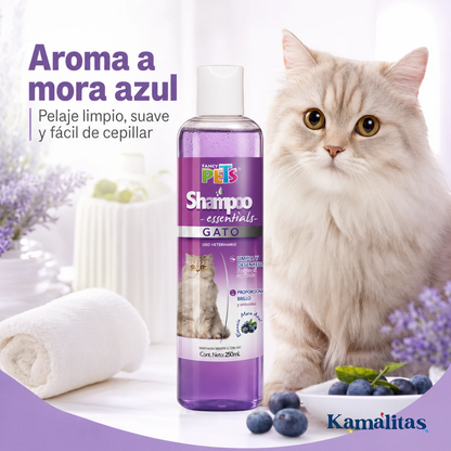 Shampoo para gato Fancy Pets con mora azul y beneficios de limpieza, brillo y pelaje sedoso.