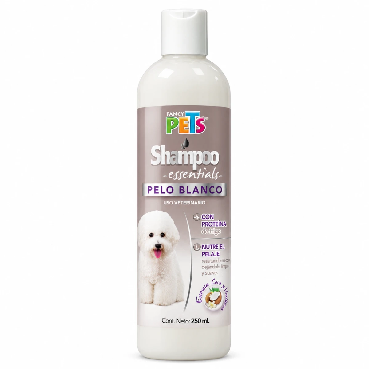 Botella de Shampoo Fancy Pets Essentials Pelo Blanco de 250 mL para perros sobre fondo blanco.