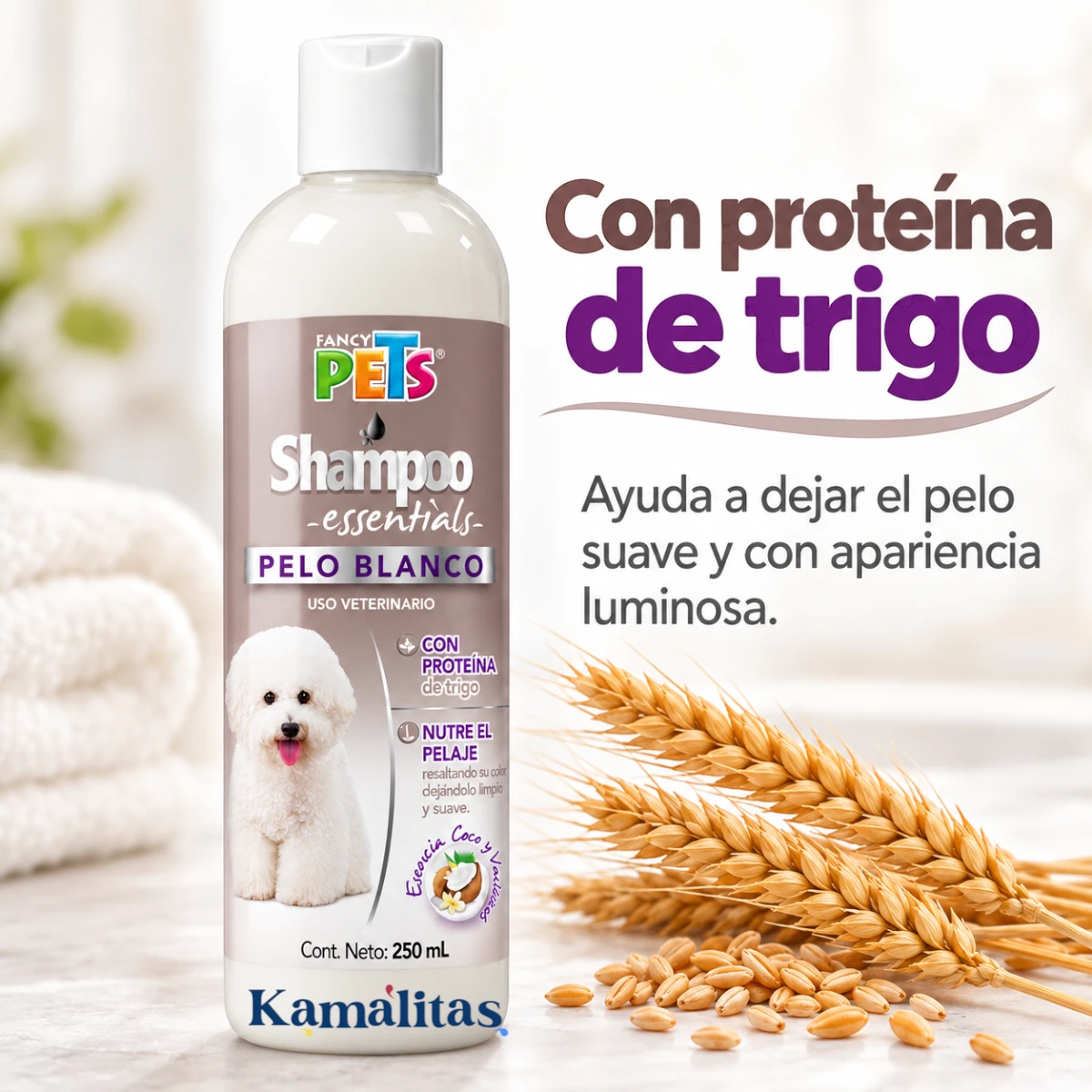 Shampoo Fancy Pets Essentials Pelo Blanco con proteína de trigo, junto a espigas de trigo y referencia a suavidad y apariencia luminosa del pelaje.