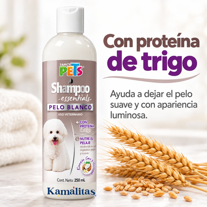 Shampoo Fancy Pets Essentials Pelo Blanco con proteína de trigo, junto a espigas de trigo y referencia a suavidad y apariencia luminosa del pelaje.