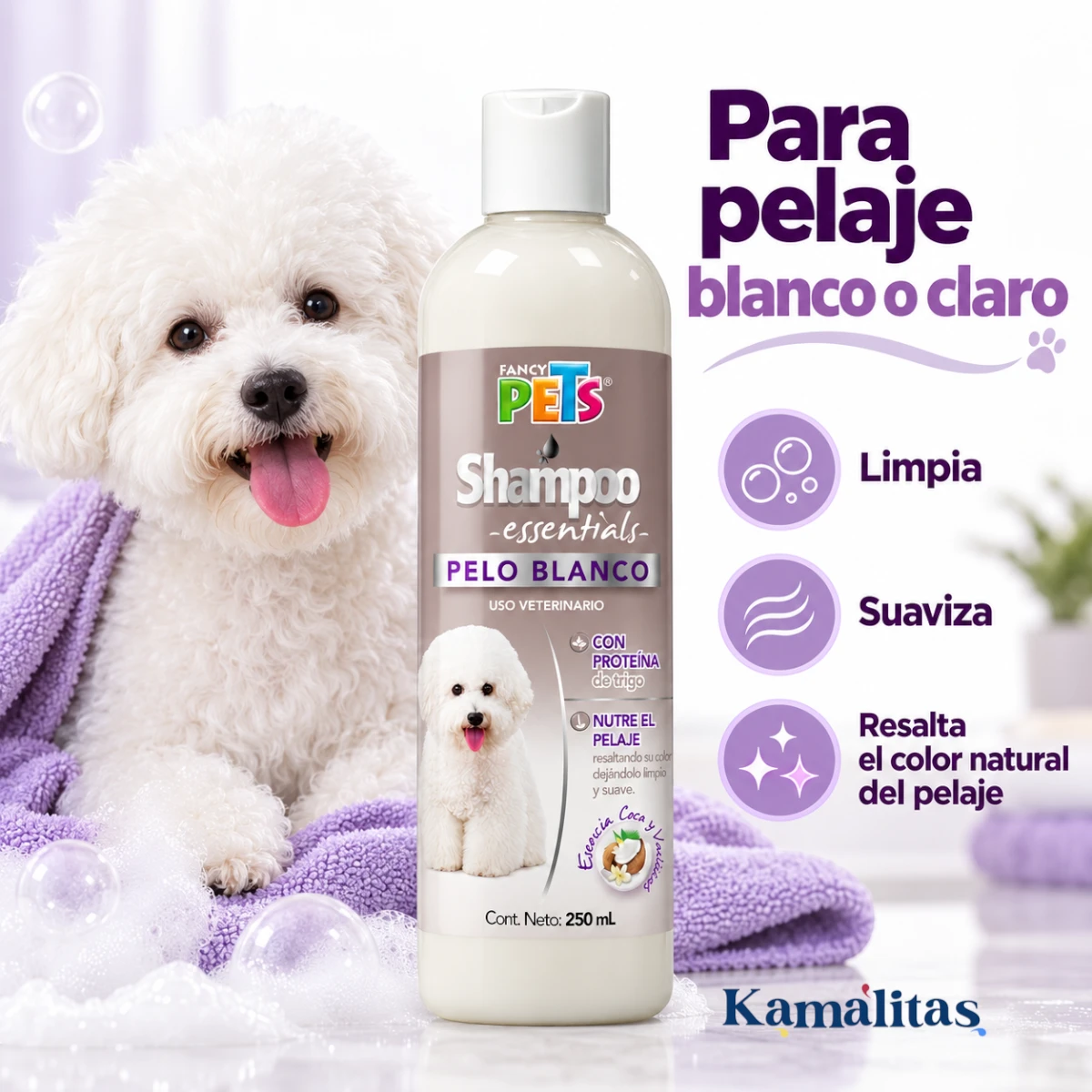 Shampoo Fancy Pets Essentials Pelo Blanco junto a un perro de pelaje blanco, con información de limpieza, suavidad y realce del color natural.