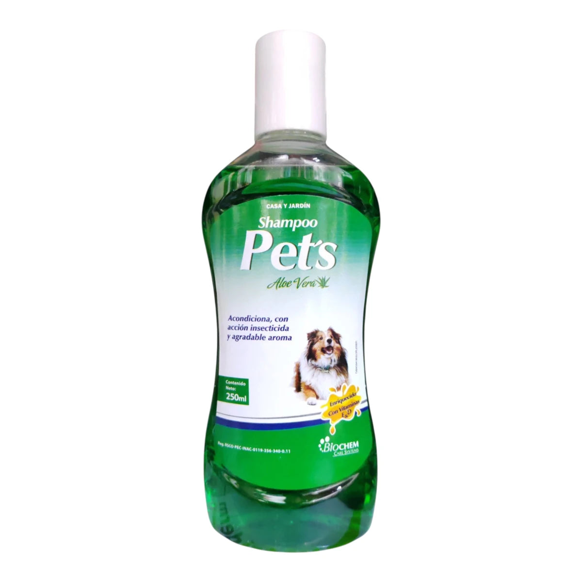 Shampoo Pets con Aloe Vera de Biochem para perros y gatos, acción insecticida con deltametrina, vitaminas E y D, deja el pelaje suave y brillante