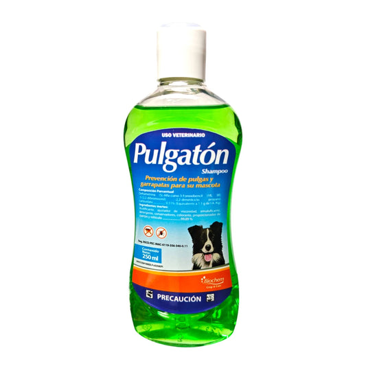 Shampoo antipulgas Pulgatón de Biochem 250 ml para perros y gatos, elimina pulgas, garrapatas y piojos, deja el pelaje suave y brillante
