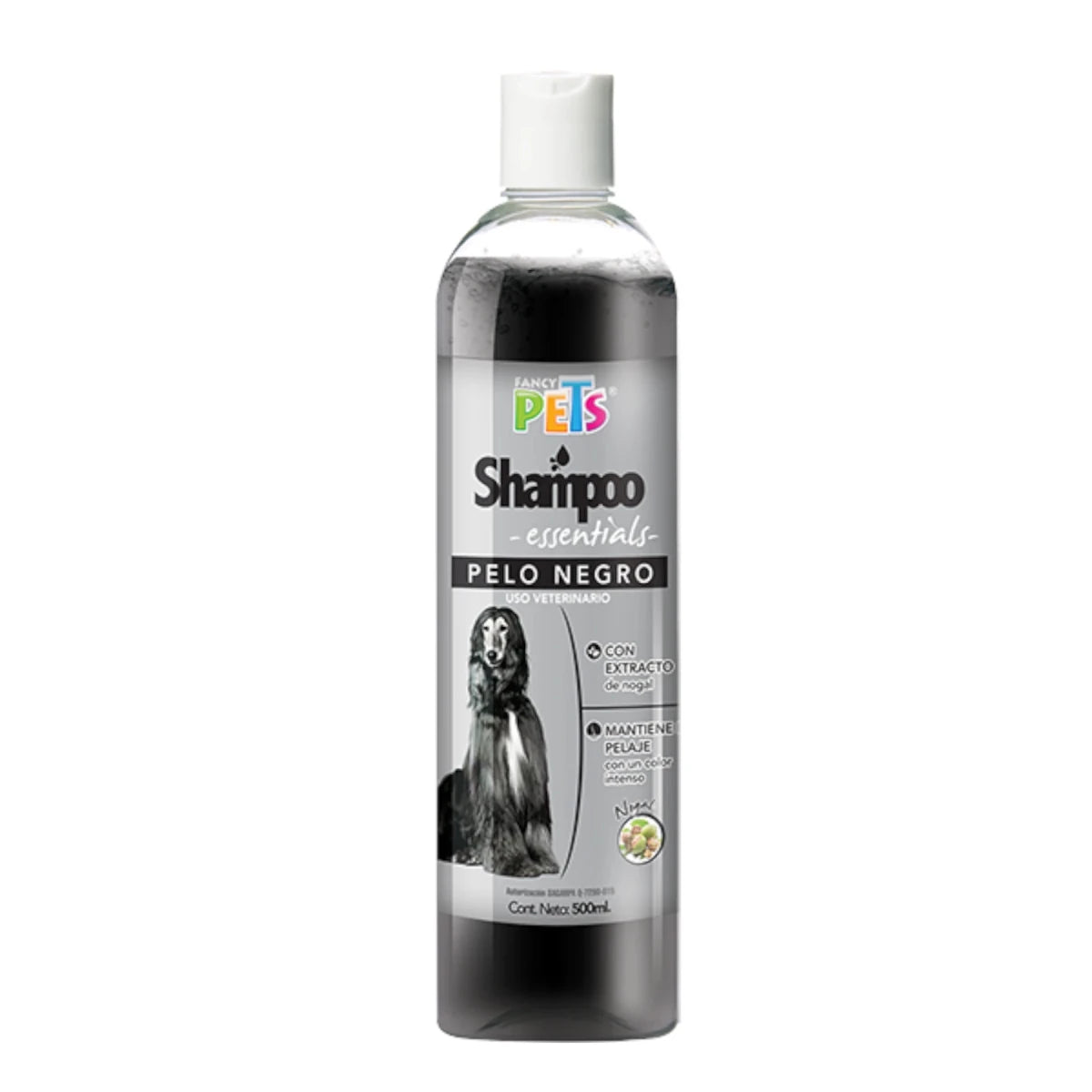Envase del shampoo Fancy Pets para pelo negro de perros con extracto de nogal