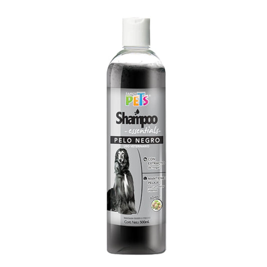Envase del shampoo Fancy Pets para pelo negro de perros con extracto de nogal