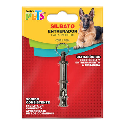 Empaque del silbato entrenador para perros Fancy Pets, resaltando su tecnología ultrasónica y diseño metálico duradero para obediencia a distancia.