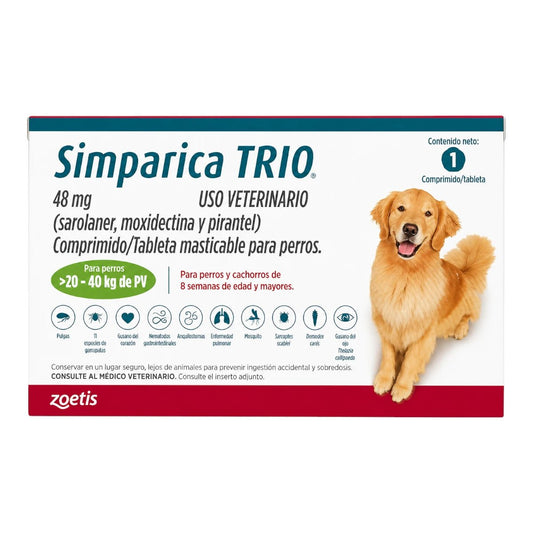 Caja original de Simparica TRIO del laboratorio Zoetis para perros de 20-40kg, tableta masticable mensual contra pulgas, garrapatas y parásitos.