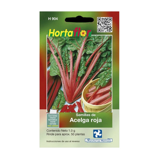 Sobre de semillas de acelga roja, ideal para cultivar hojas comestibles coloridas y nutritivas en casa o jardín.