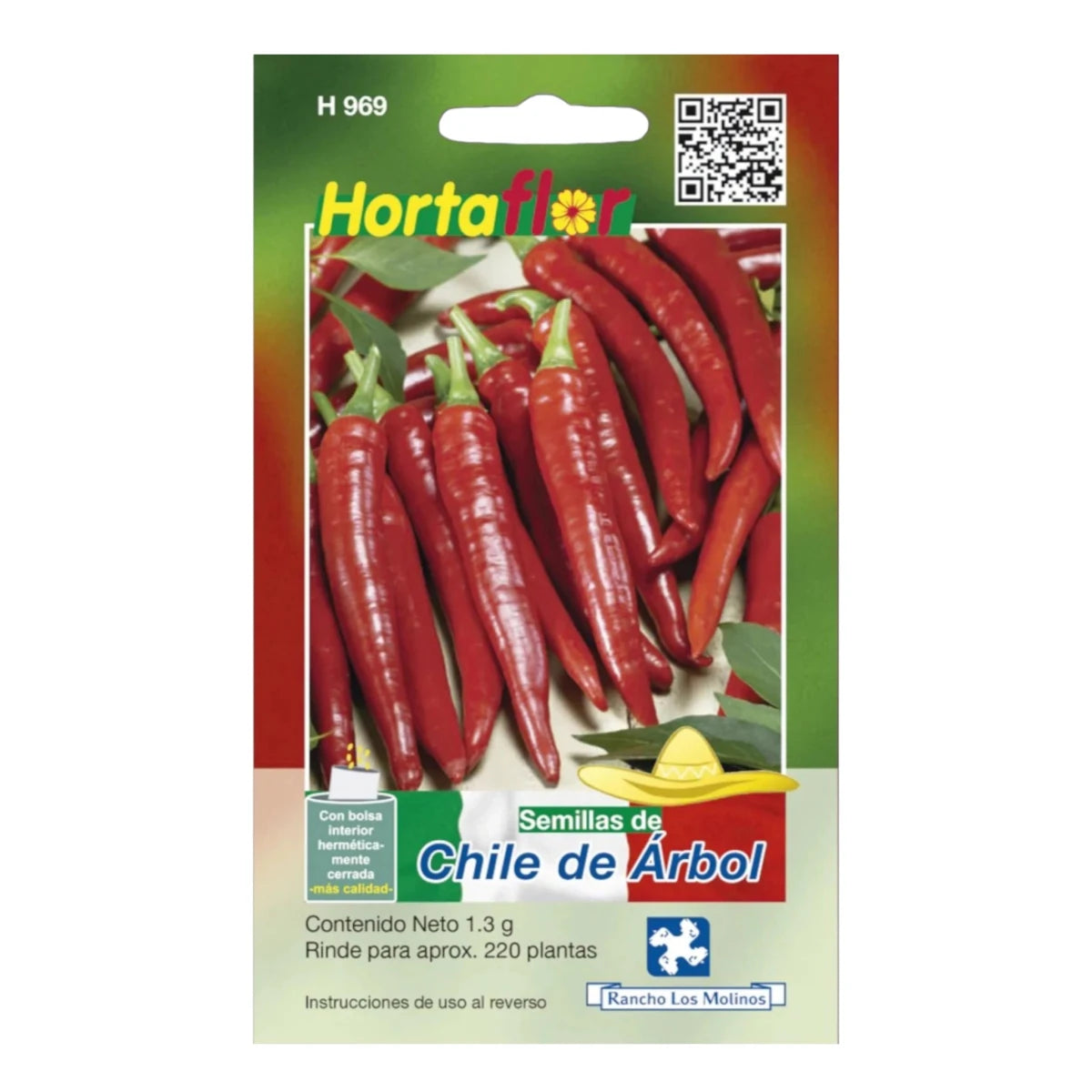 Fotografía de un sobre de semillas de chile de árbol variedad mexicana, ideal para huertos caseros
