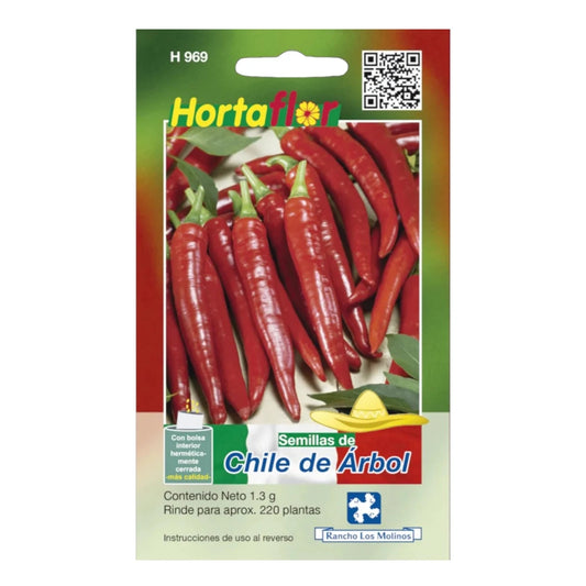 Fotografía de un sobre de semillas de chile de árbol variedad mexicana, ideal para huertos caseros