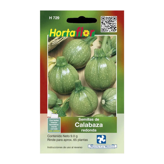 Sobre de semillas de calabaza redonda ideal para cultivar en huertos caseros o jardines.