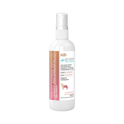 Botella de Spray Antiprurítico para perros, 125 ml, con ingredientes naturales como aloe vera y avena, ideal para calmar irritaciones.
