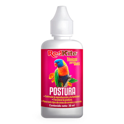 Botella de tónico Postura RedKite aplicándose en bebedero para aves de ornato y canoras.