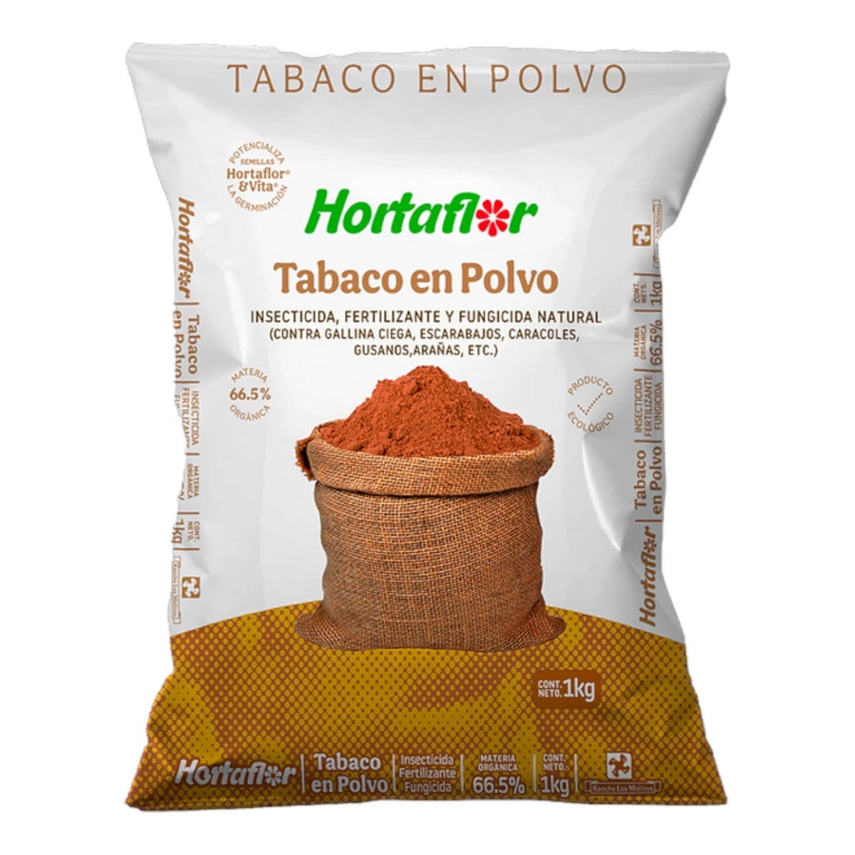 Bolsa de tabaco en polvo usado como insecticida y repelente natural para controlar plagas como escarabajos, caracoles, gusanos y arañas en jardines y macetas.