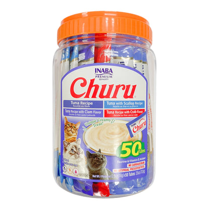 Tarro de 50 unidades de premios Churu para gatos, con surtido de sabores de atún, vieiras, cangrejo y almeja en tubos de 14g.