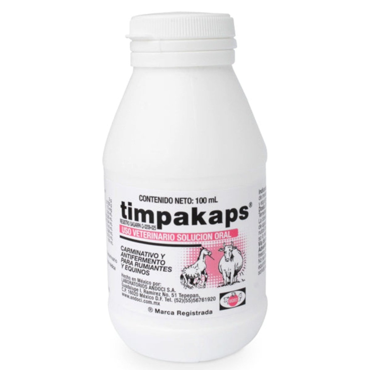 Imagen del frasco de Timpakamps de 100 ml, suplemento oral para aliviar cólicos, meteorismo y mejorar la digestión en bovinos, caballos, ovejas y cabras.