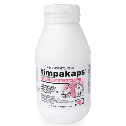 Imagen del frasco de Timpakamps de 100 ml, suplemento oral para aliviar cólicos, meteorismo y mejorar la digestión en bovinos, caballos, ovejas y cabras.
