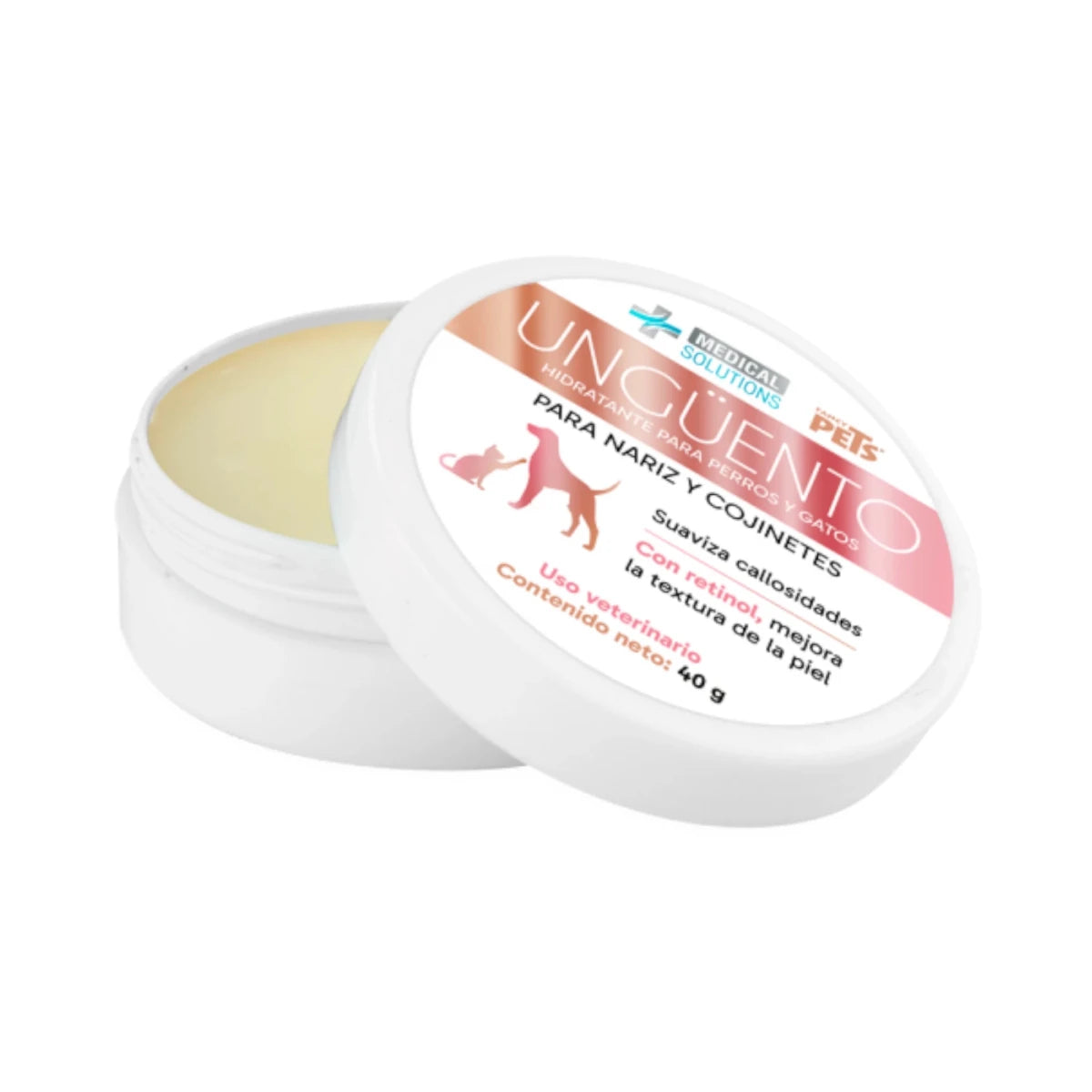 Ungüento hidratante con retinol, cera de abeja y karité, ideal para nariz y patas secas de perros y gatos.