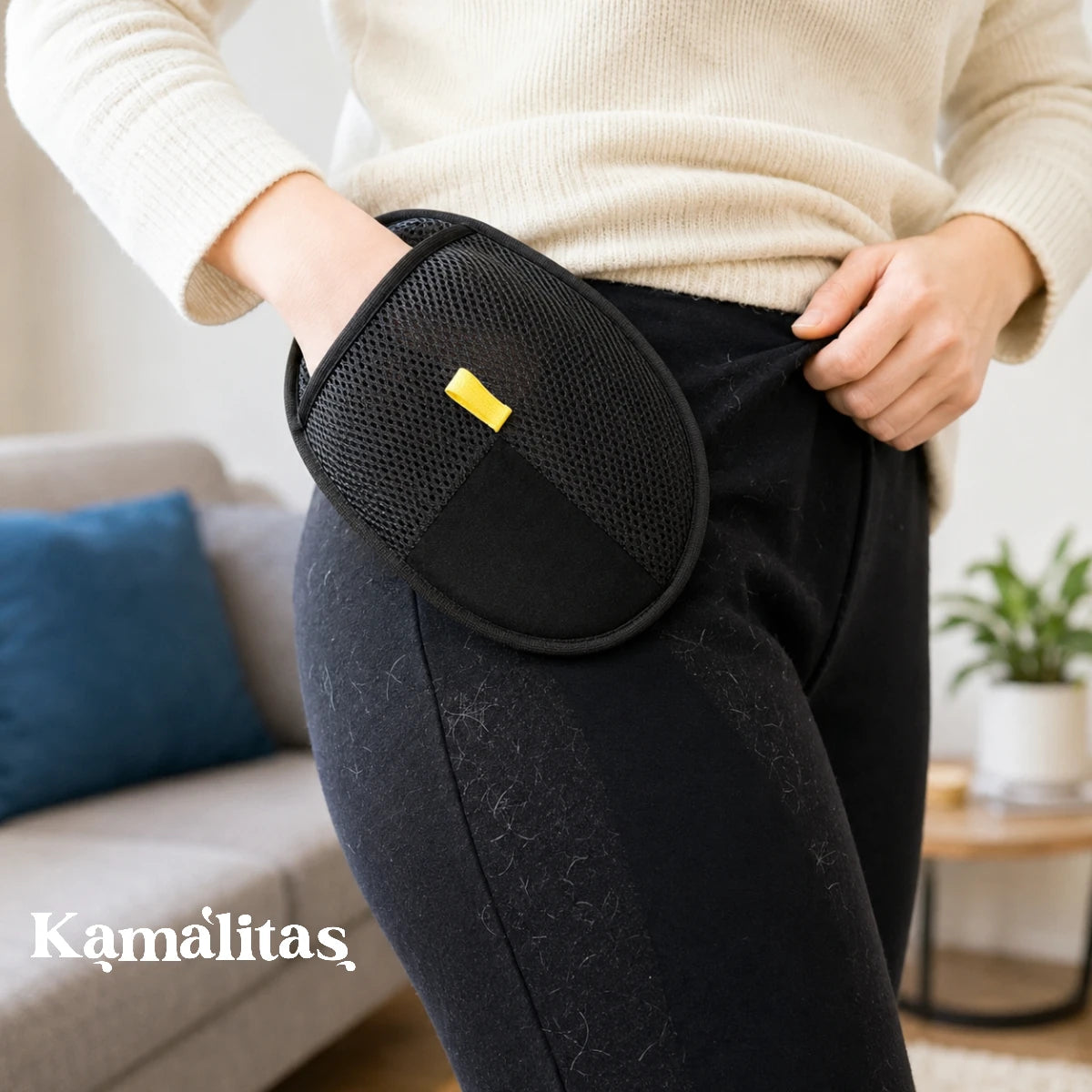 Tutora usando el guante removedor para quitar de forma rápida los pelos de su pantalón negro, en Kamalitas.