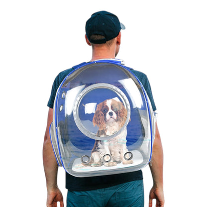Persona cargando la mochila azul con un perrito dentro, Ideal para mascotas menores a 5Kg