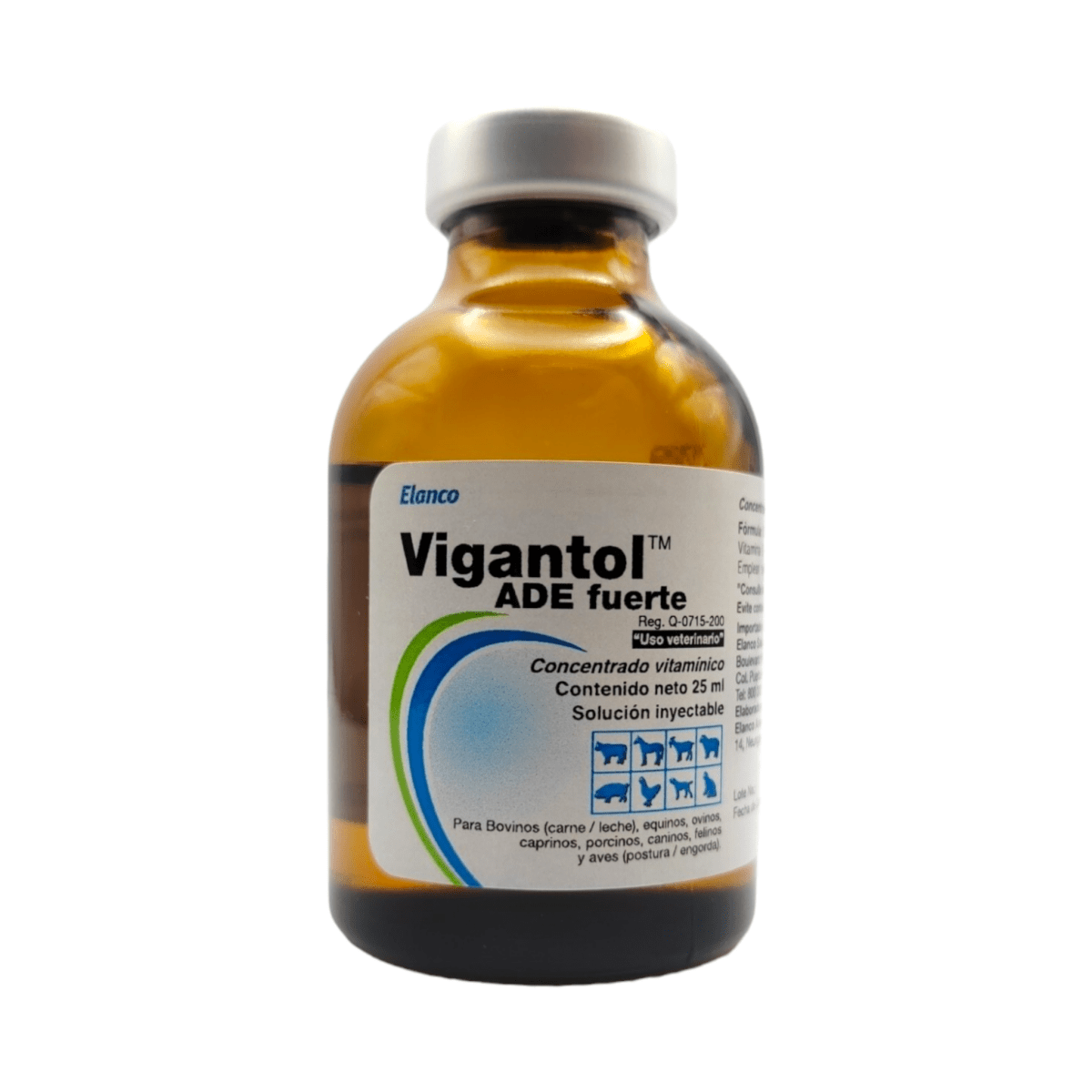Botella de 25 ml de Vigantol ADE Fuerte, suplemento vitamínico A, D3 y E para animales.