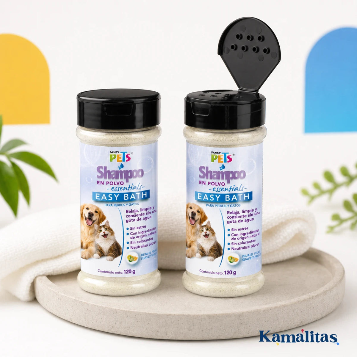 La tapa de easy bath esta diseñada para espolvorear el polvo por el pelaje de tu mascota.